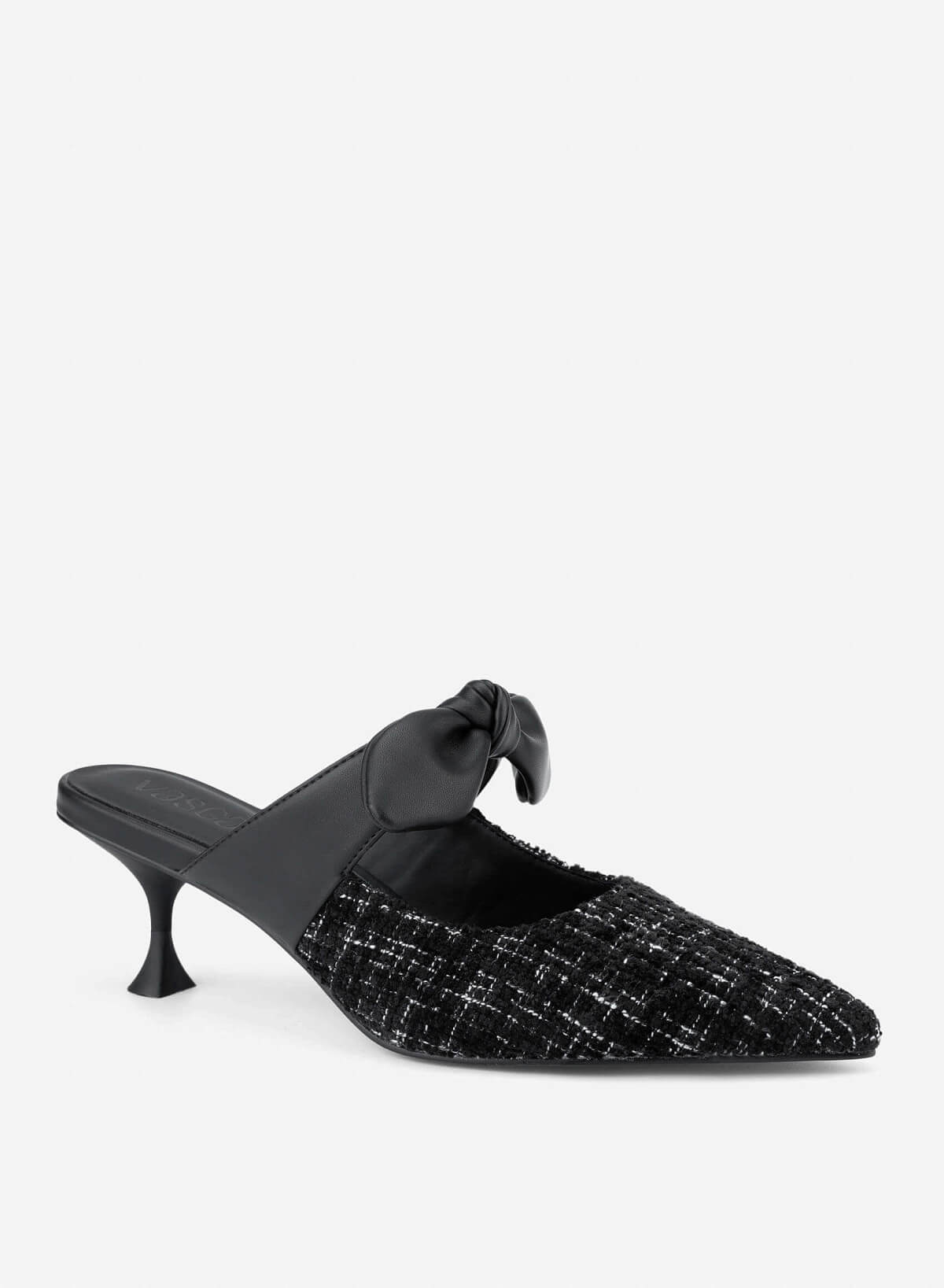 Tweed and Bow Strap Mules - MUL 0219 - Black - vascara.com