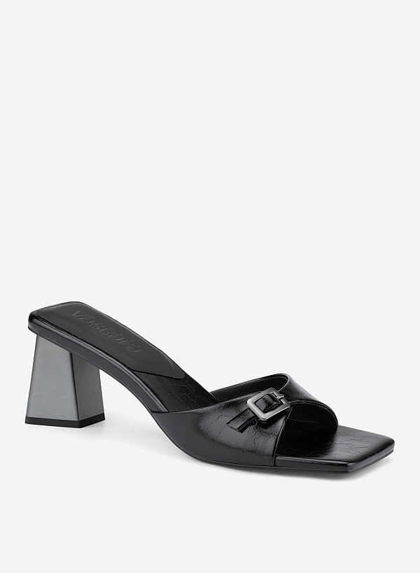 Guốc mules block heel nhấn khóa trang trí