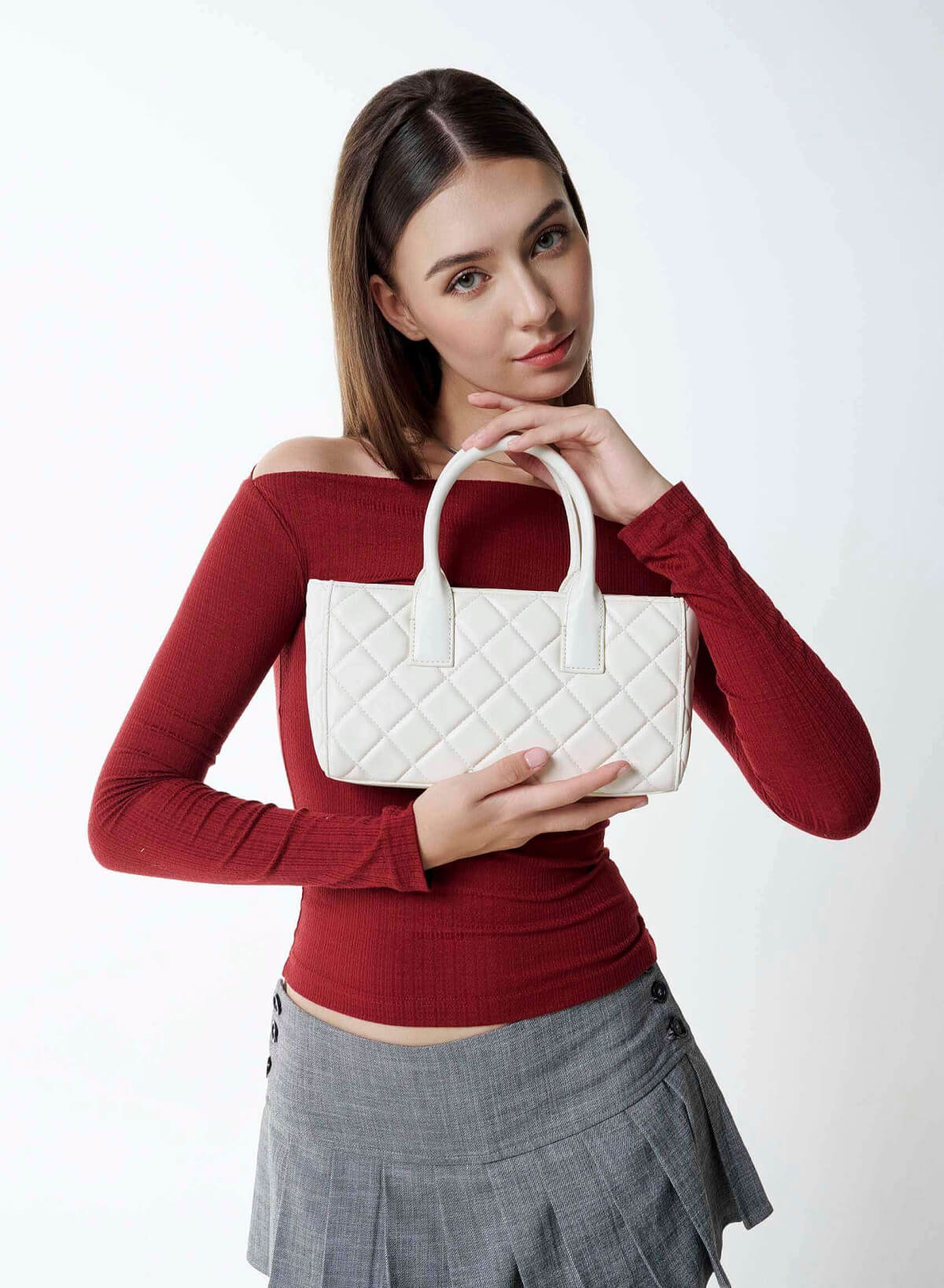 Quilted Handheld Bag - TTE 0169 - Cream - vascara.com